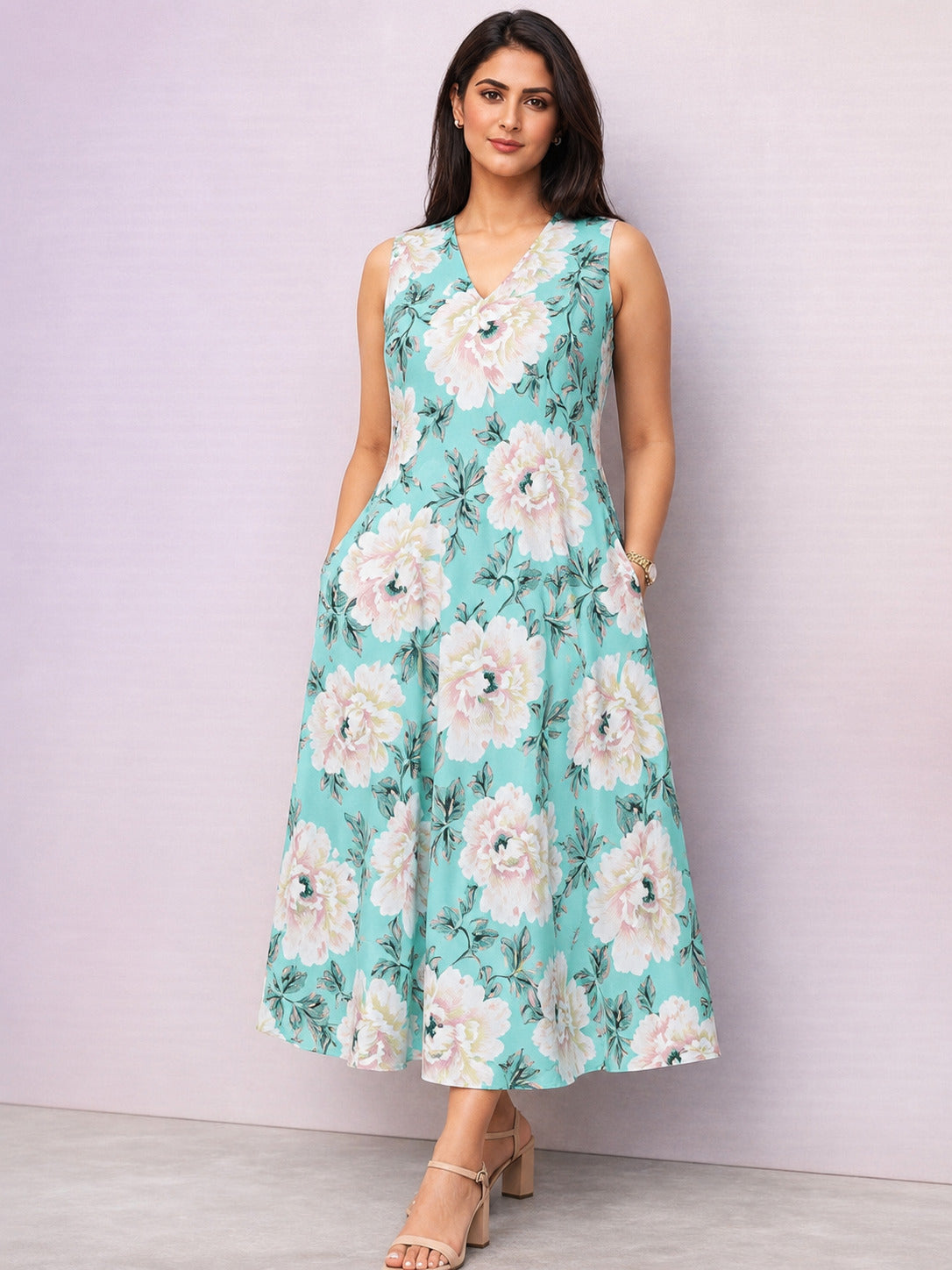Aqua Blue Floral Printed Sleeveless Rayon Midi Dress for Women – Summer Outfit