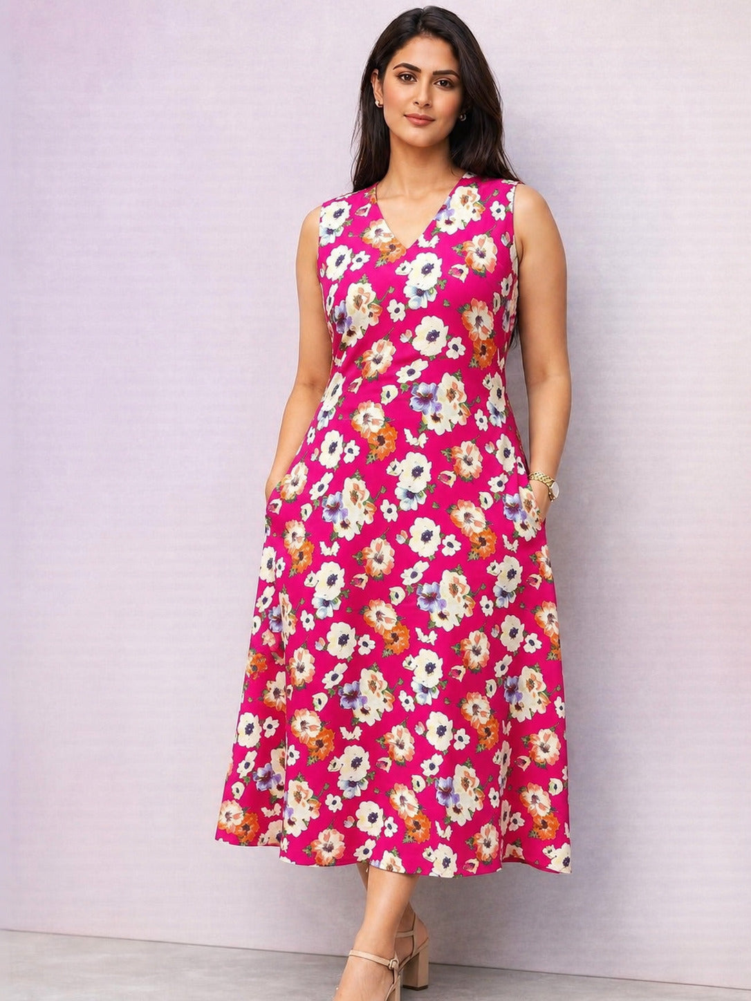 Pink Floral Printed Sleeveless Rayon Midi Dress for Women – Summer Outfit
