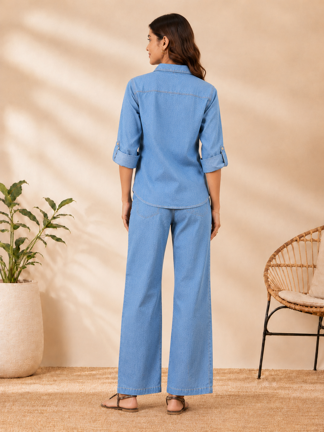 Womens Light Blue Denim Shirt Pants Coord Set