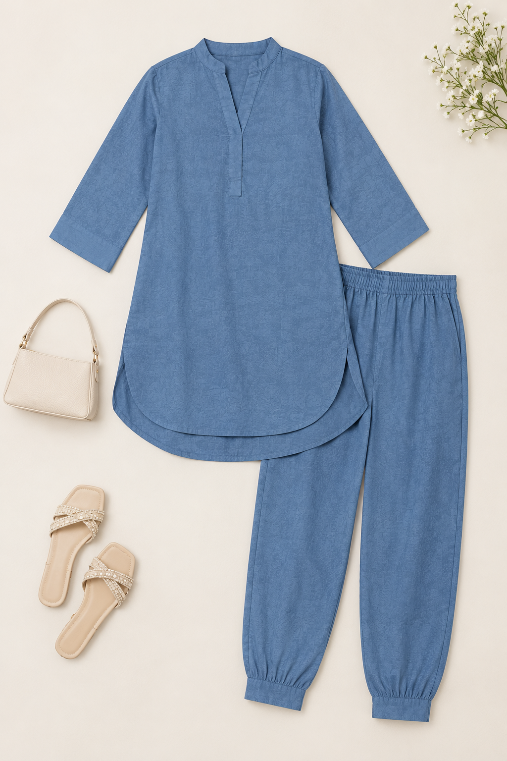 Blue Linen Coord Kurta Set for Women