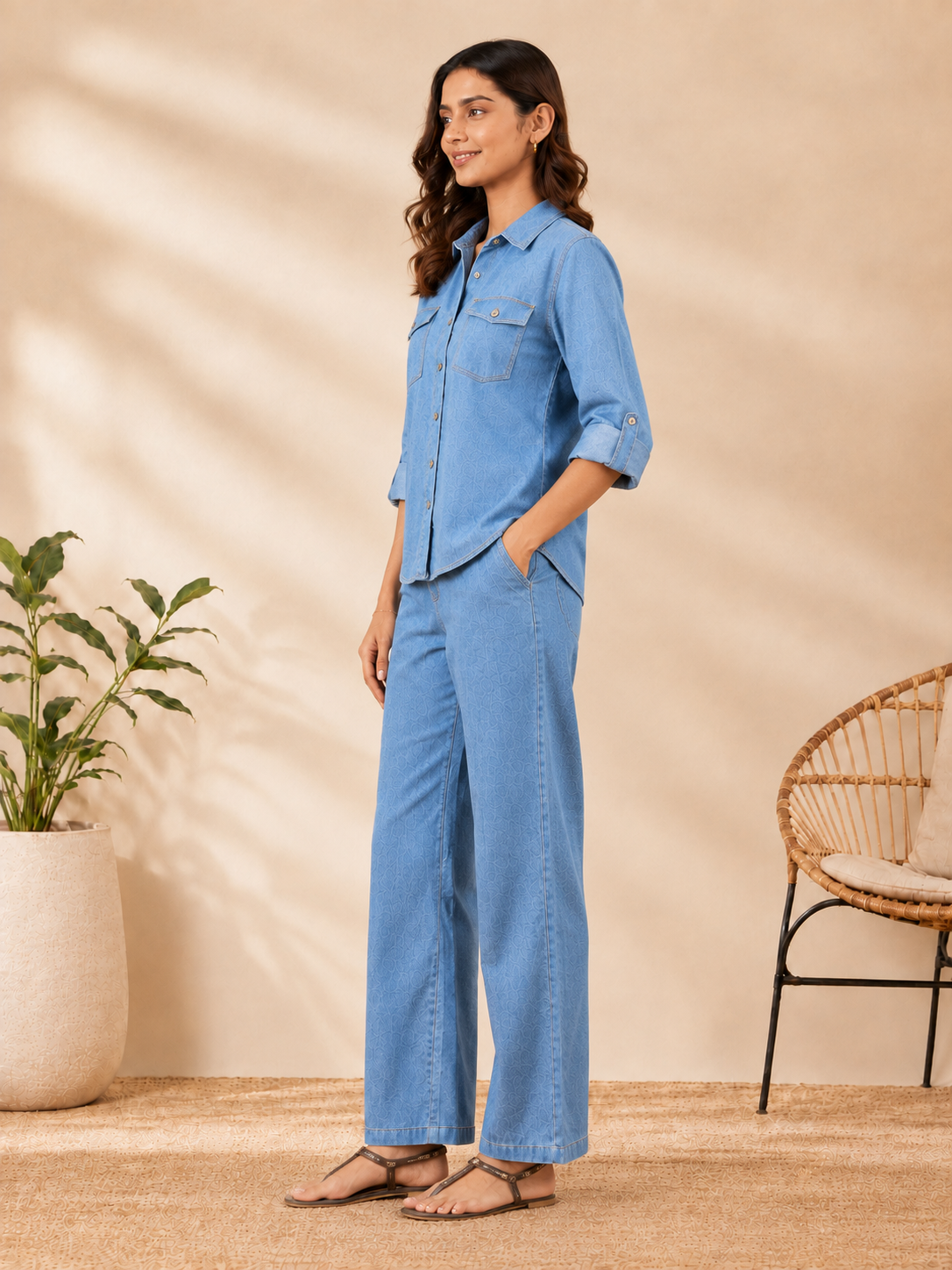 Womens Light Blue Denim Shirt Pants Coord Set