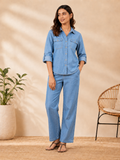 Womens Light Blue Denim Shirt Pants Coord Set