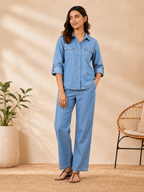Womens Light Blue Denim Shirt Pants Coord Set