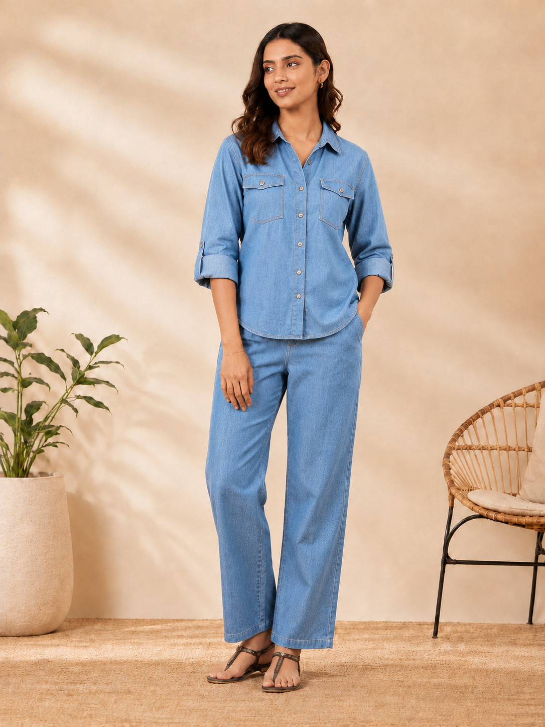 Womens Light Blue Denim Shirt Pants Coord Set