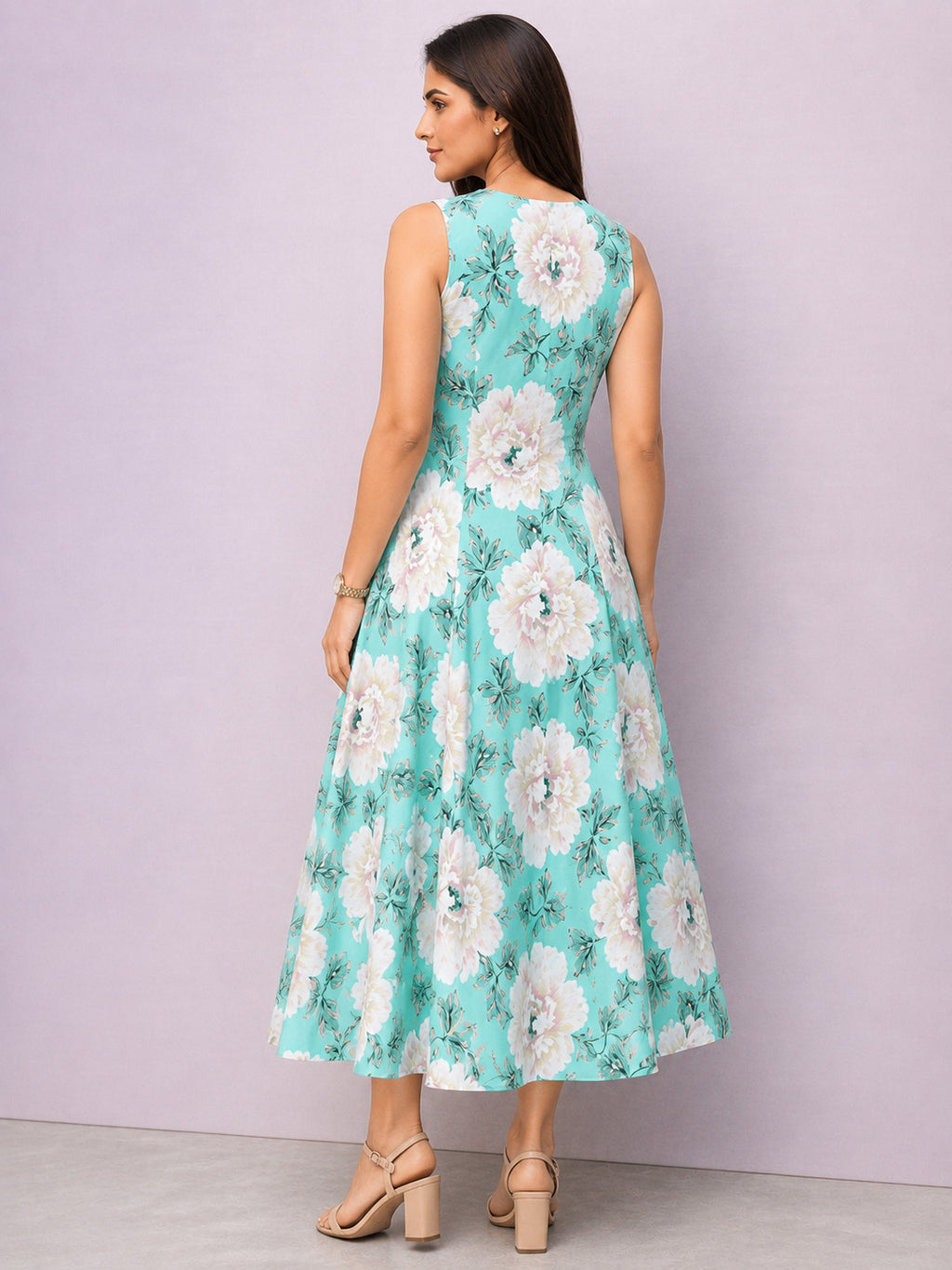 Aqua Blue Floral Printed Sleeveless Cotton Midi Dress for Women – Stylish Summer Wear
