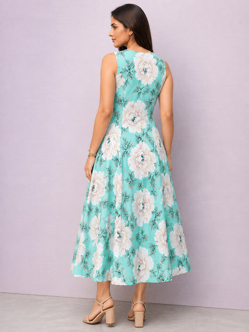 Aqua Blue Floral Printed Sleeveless Cotton Midi Dress for Women – Stylish Summer Wear