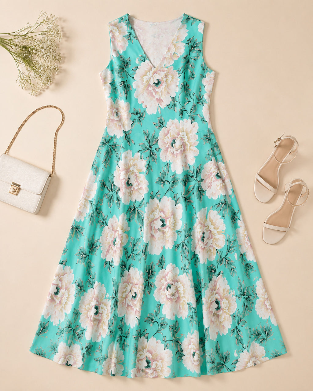 Aqua Blue Floral Printed Sleeveless Cotton Midi Dress for Women – Stylish Summer Wear