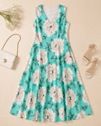 Aqua Blue Floral Printed Sleeveless Cotton Midi Dress for Women – Stylish Summer Wear
