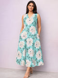 Aqua Blue Floral Printed Sleeveless Cotton Midi Dress for Women – Stylish Summer Wear