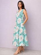 Aqua Blue Floral Printed Sleeveless Cotton Midi Dress for Women – Stylish Summer Wear