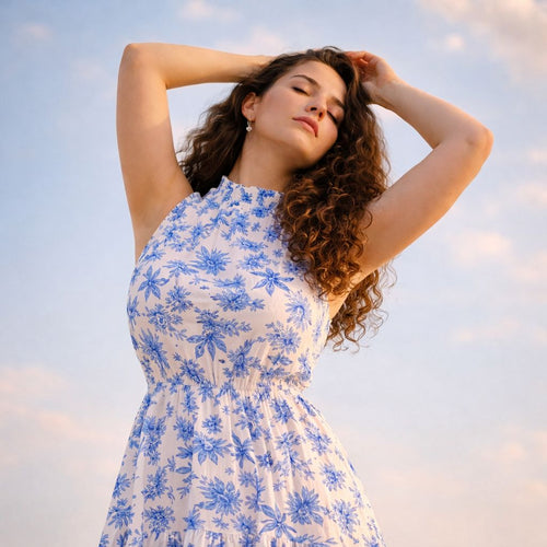 Woman wearing blue white floral midi dress for casual summer wear
