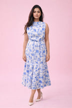 Blue white floral print sleeveless midi dress for women – stylish summer outfit
