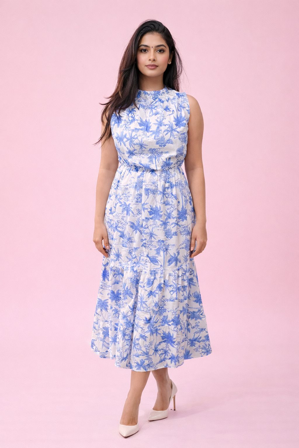 Blue white floral print sleeveless midi dress for women – stylish summer outfit