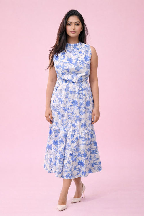 Blue white floral print sleeveless midi dress for women – stylish summer outfit