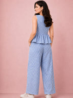 Blue Gingham Peplum Cotton Coord Set for Women – Casual Summer Wear