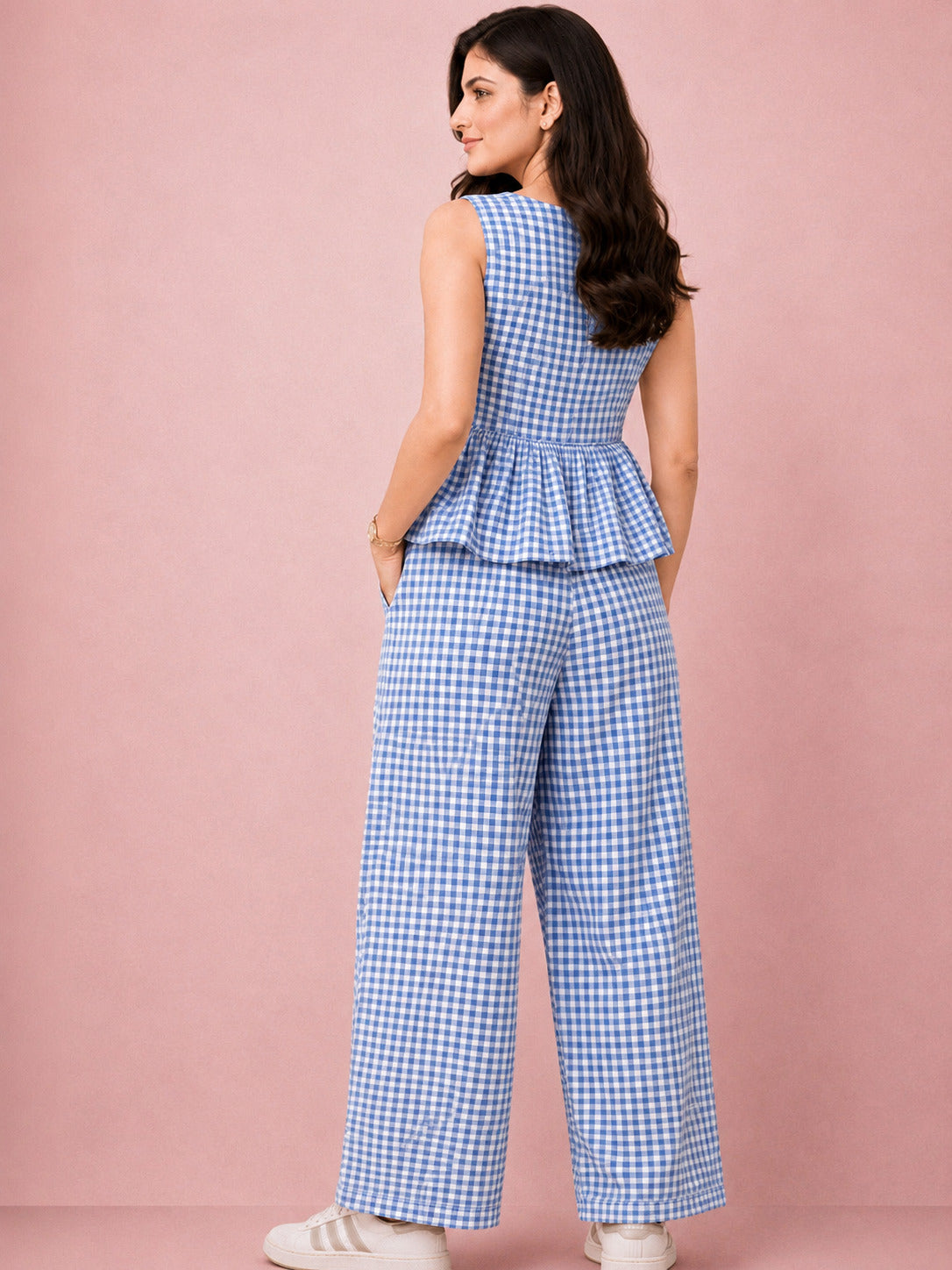 Blue Gingham Peplum Cotton Coord Set for Women – Casual Summer Wear