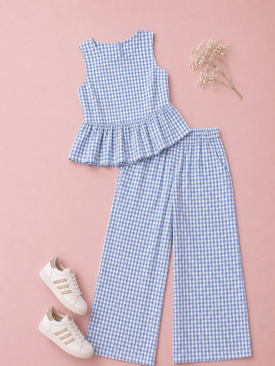 Blue Gingham Peplum Cotton Coord Set for Women – Casual Summer Wear