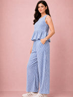 Blue Gingham Peplum Cotton Coord Set for Women – Casual Summer Wear