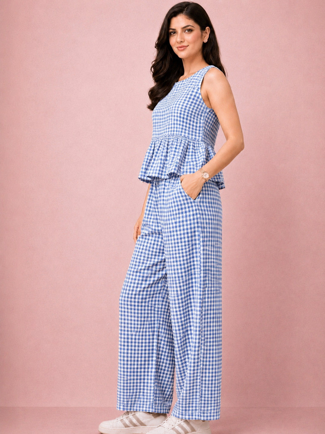 Blue Gingham Peplum Cotton Coord Set for Women – Casual Summer Wear
