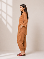 Women Camel Brown Linen Blend Kurta Set