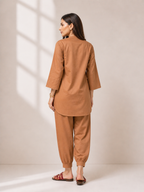 Women Camel Brown Linen Blend Kurta Set