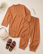 Women Camel Brown Linen Blend Kurta Set