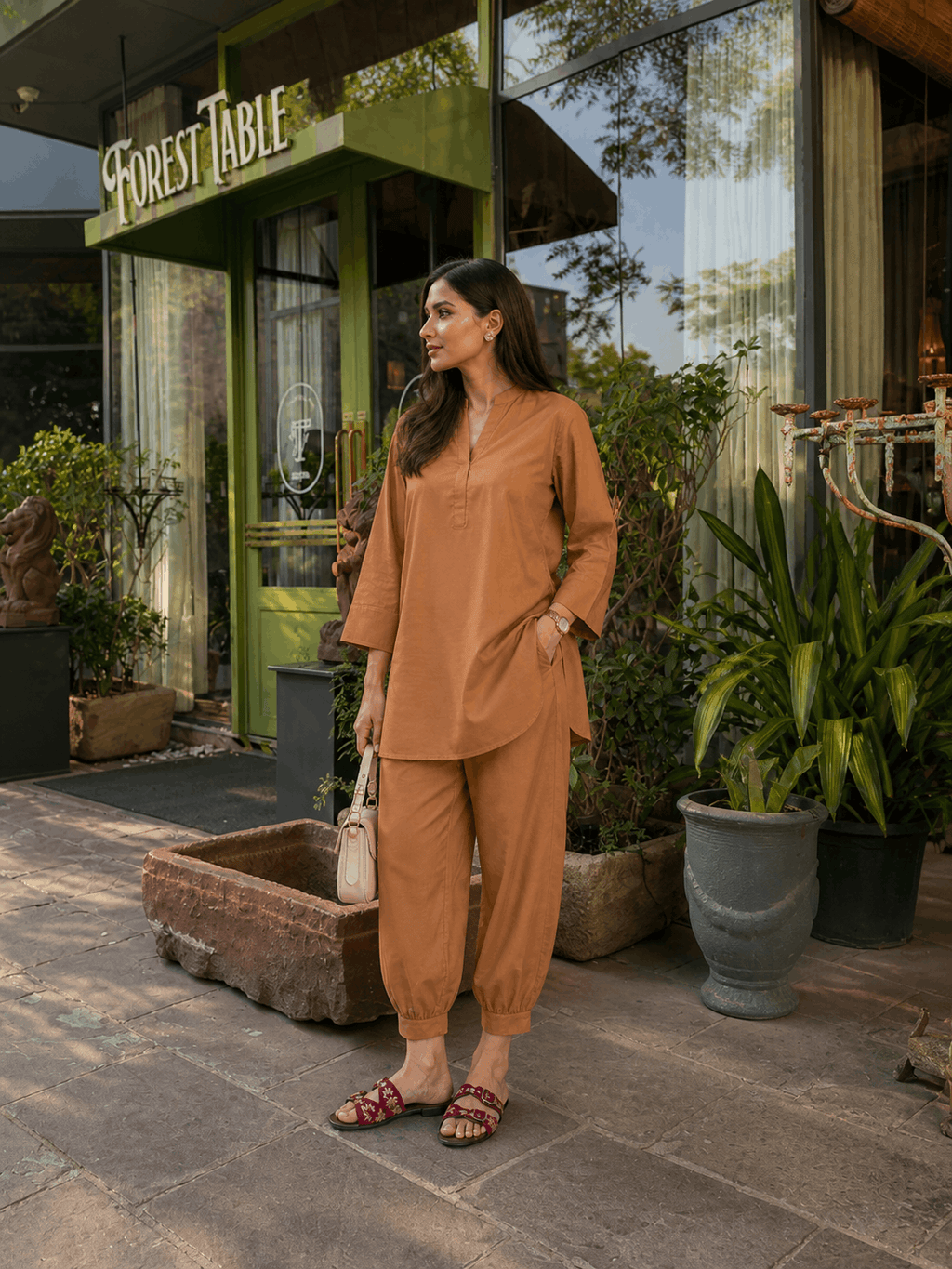 Women Camel Brown Linen Blend Kurta Set
