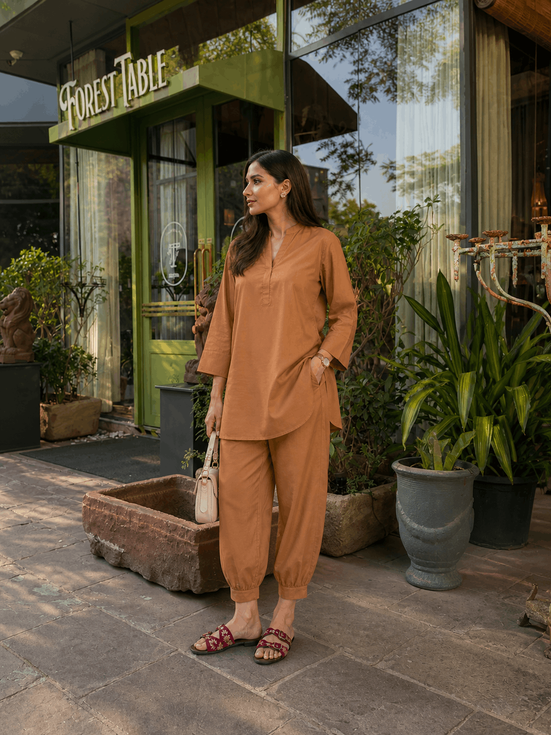 Women Camel Brown Linen Blend Kurta Set