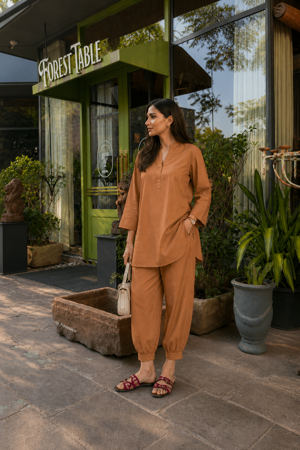 Woman in a brown outfit standing outside a restaurant named 'Forest Table'.