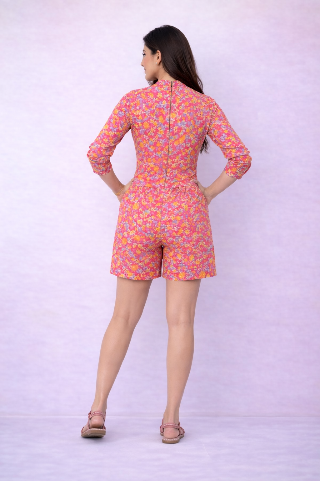 Back view of floral summer jumpsuit for women