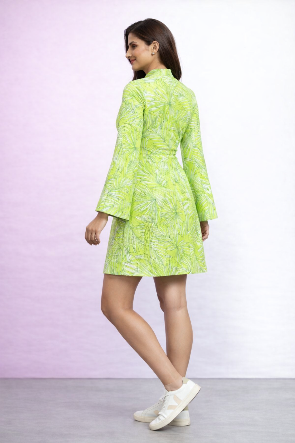 Side view of island green dress for women