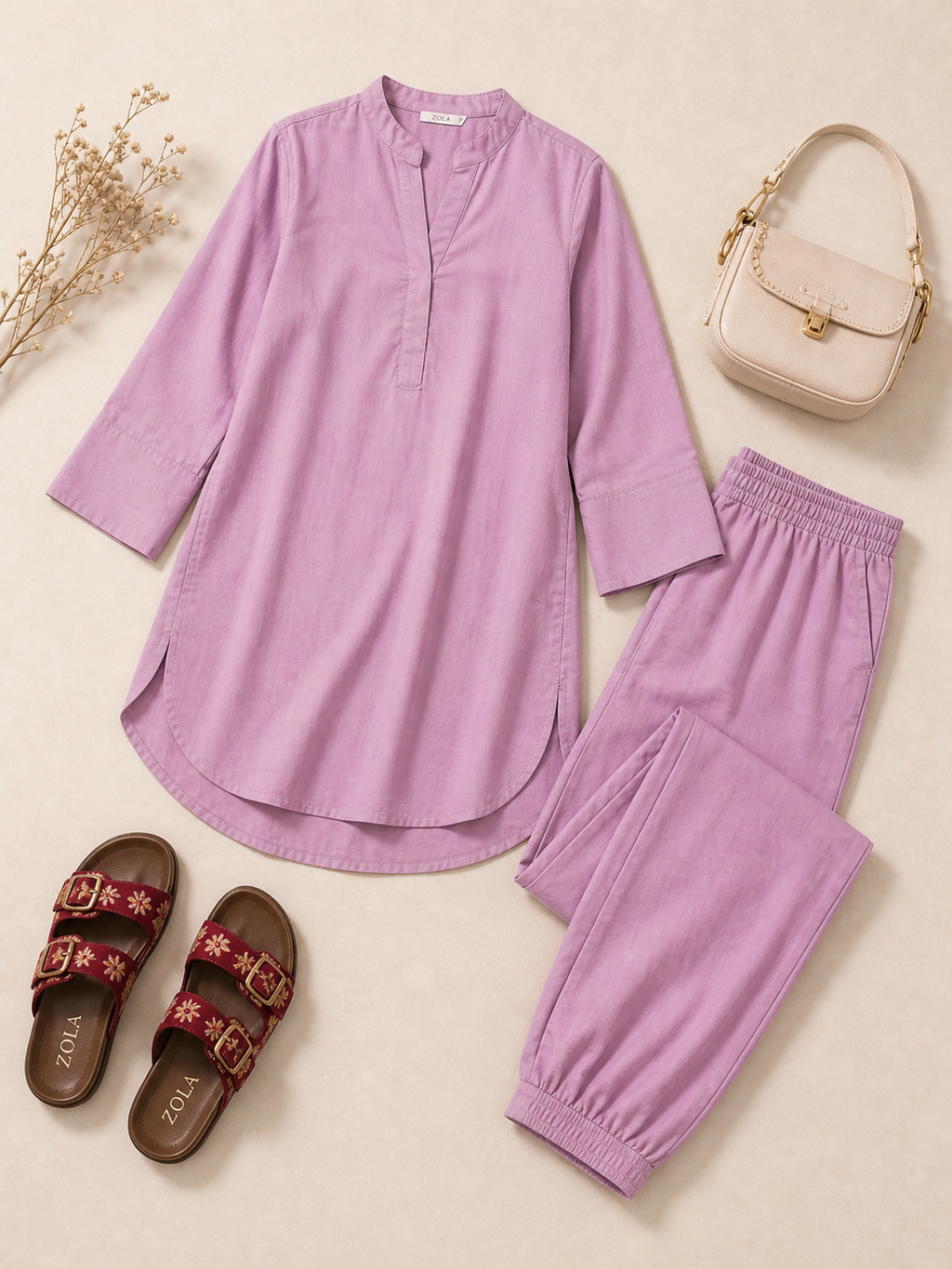 Lavender Linen Coord Kurta Set for Women