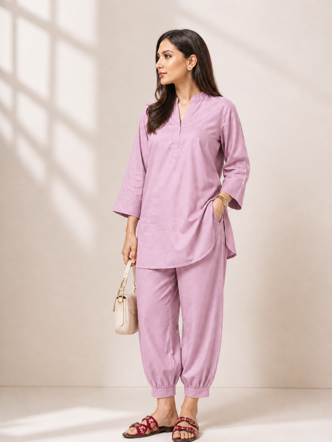 Woman wearing a lavender linen coord kurta set with tapered pants and relaxed fit styling.