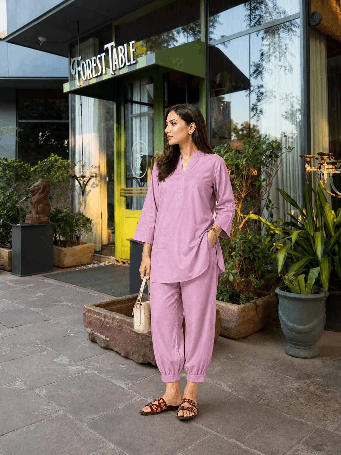 Lavender Linen Coord Kurta Set for Women
