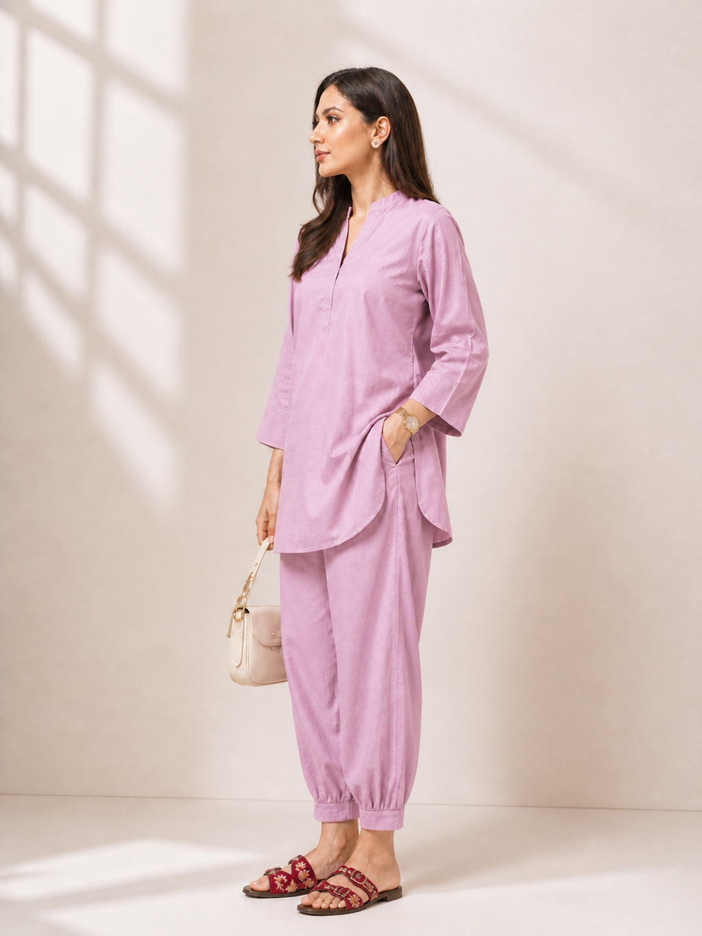 Lavender Linen Coord Kurta Set for Women