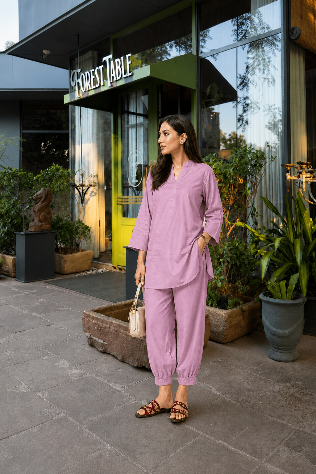 Woman in a pink outfit standing outside a building with 'Forest Table' sign.