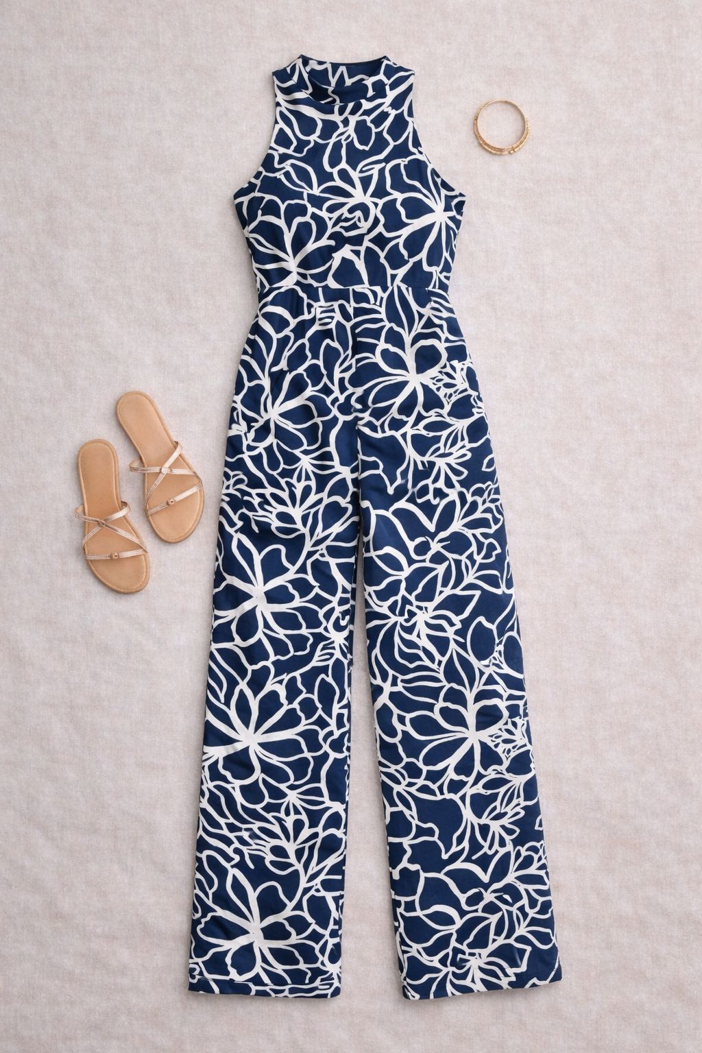 Flat lay of navy blue floral rayon  women’s wide leg jumpsuit