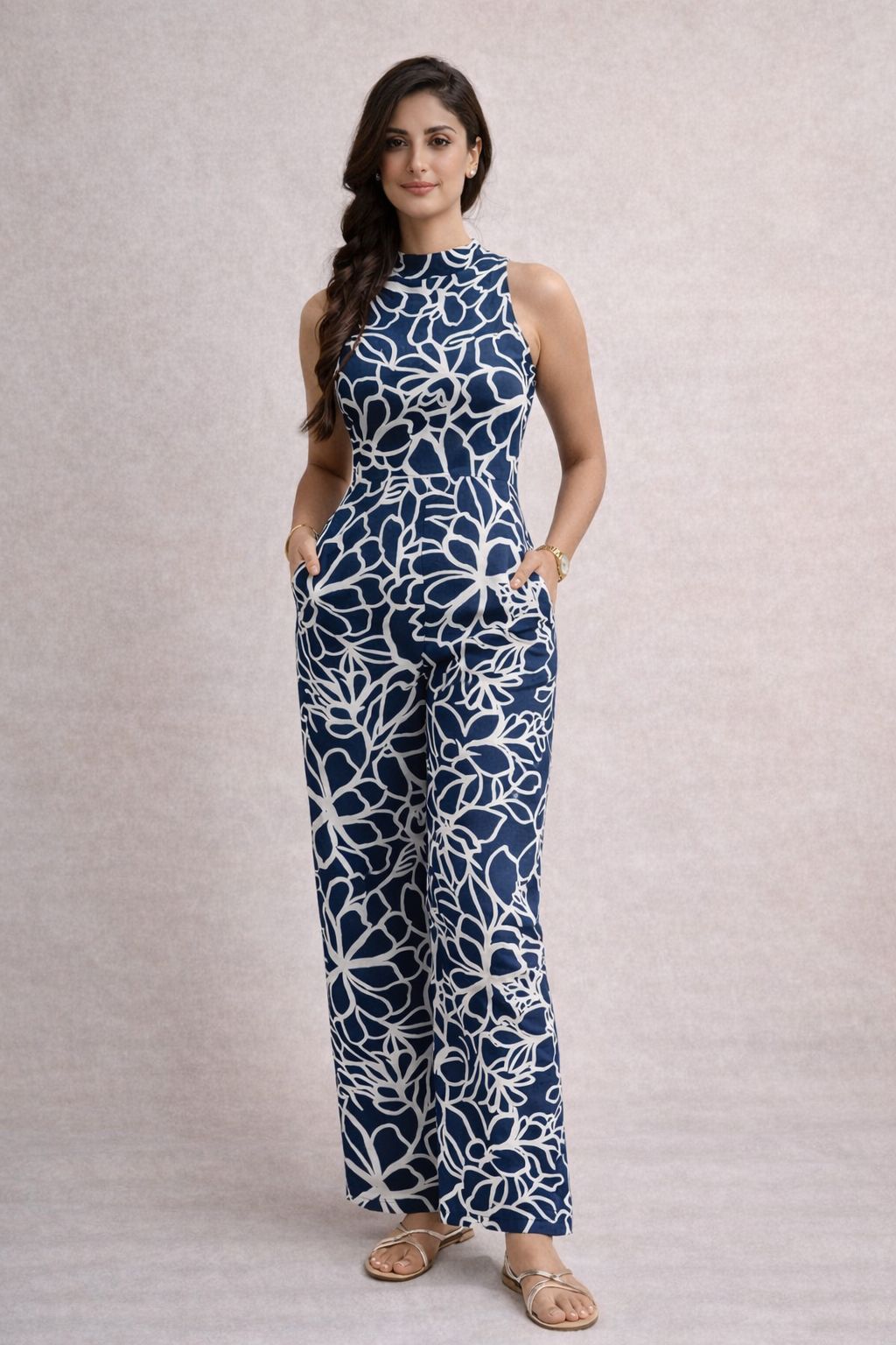 Navy blue floral rayon wide leg jumpsuit for women – stylish summer outfit