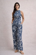 Navy blue floral rayon wide leg jumpsuit for women – stylish summer outfit