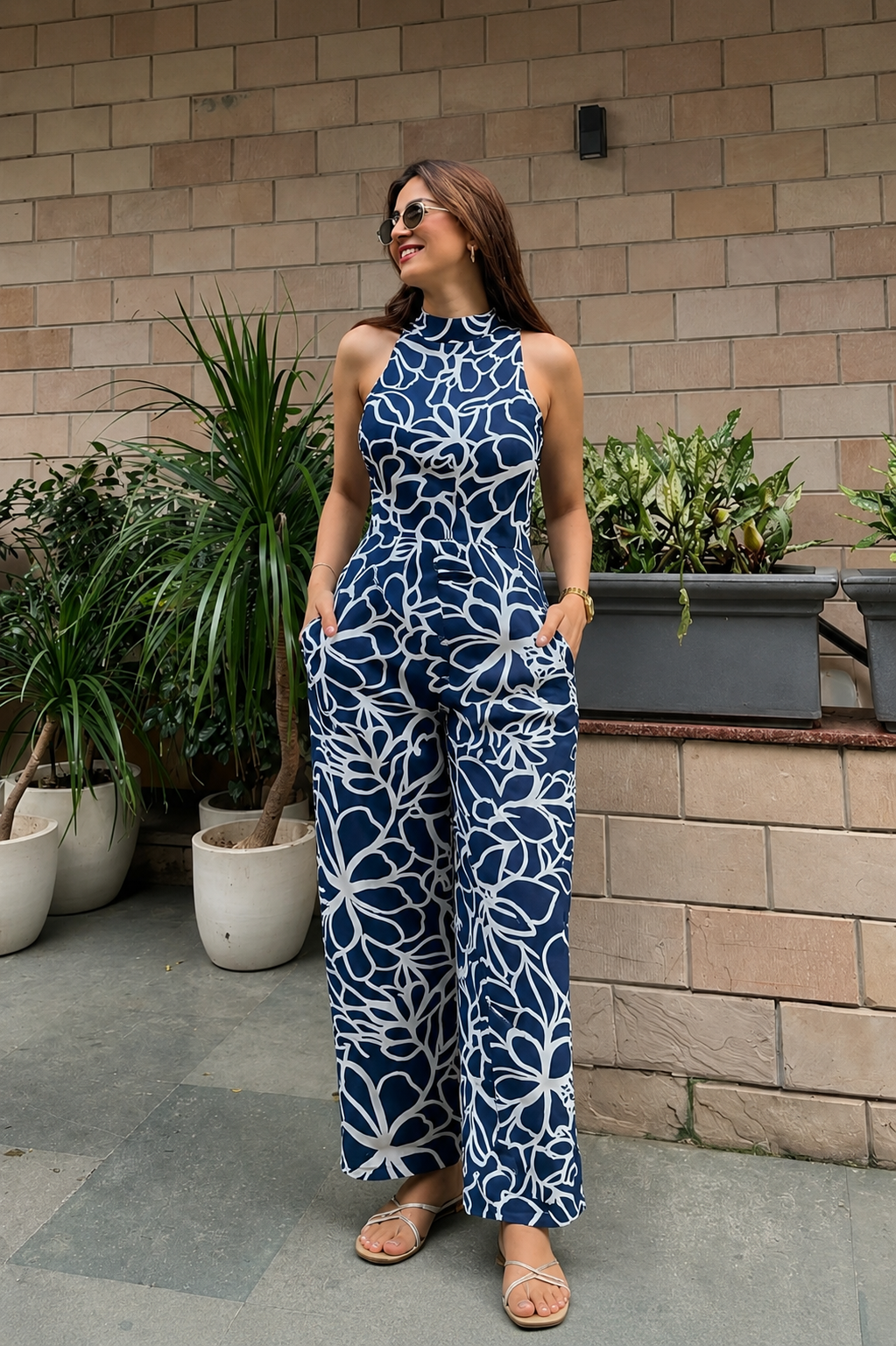 Navy Blue Floral Rayon Wide Leg Jumpsuit for Women – Stylish Summer Wear
