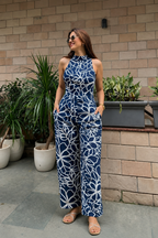 Navy Blue Floral Rayon Wide Leg Jumpsuit for Women – Stylish Summer Wear