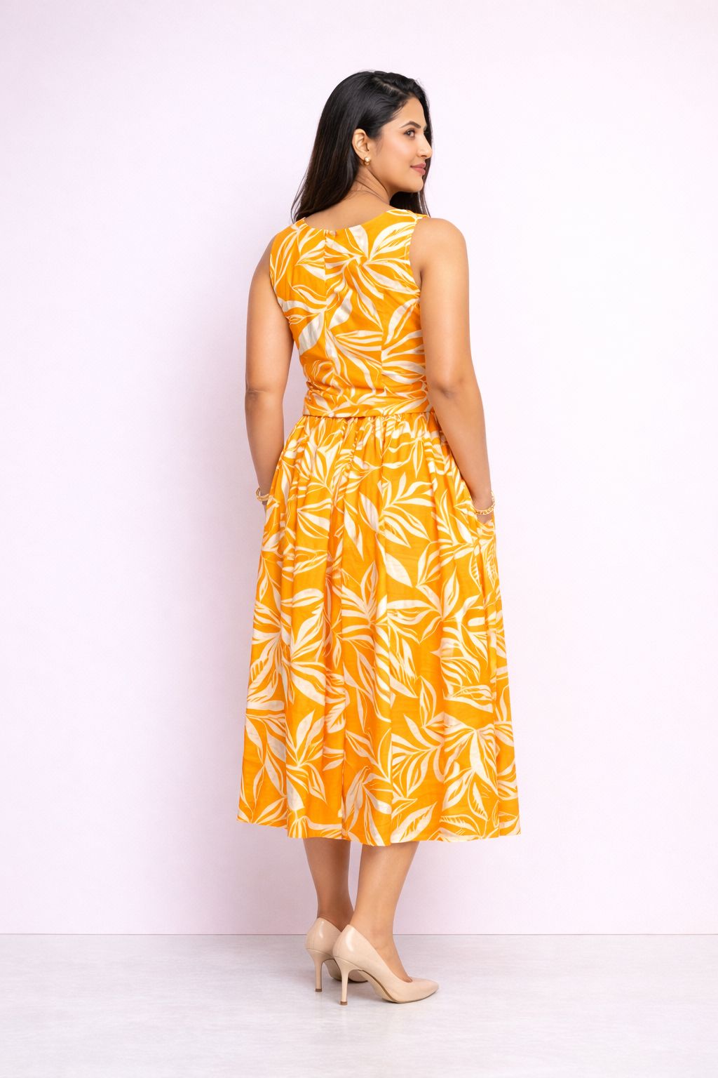 Back view of orange culottes coord set for women