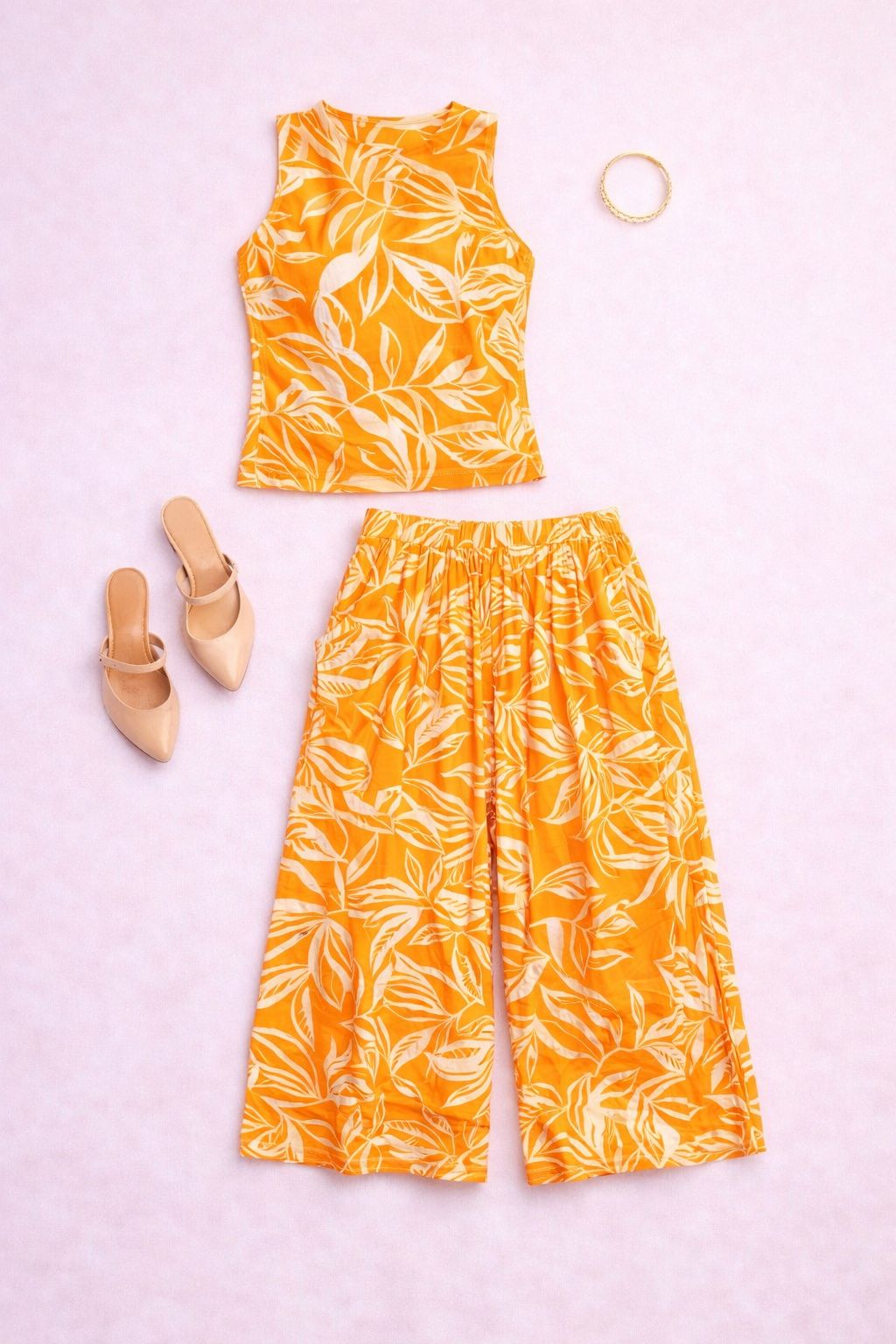 Flat lay of orange culottes coord set for women