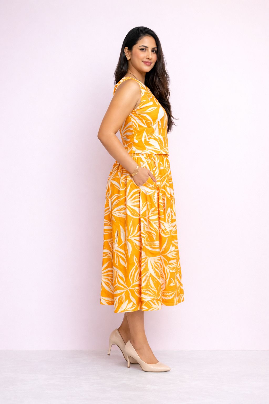 Side view of orange culottes coord set for women