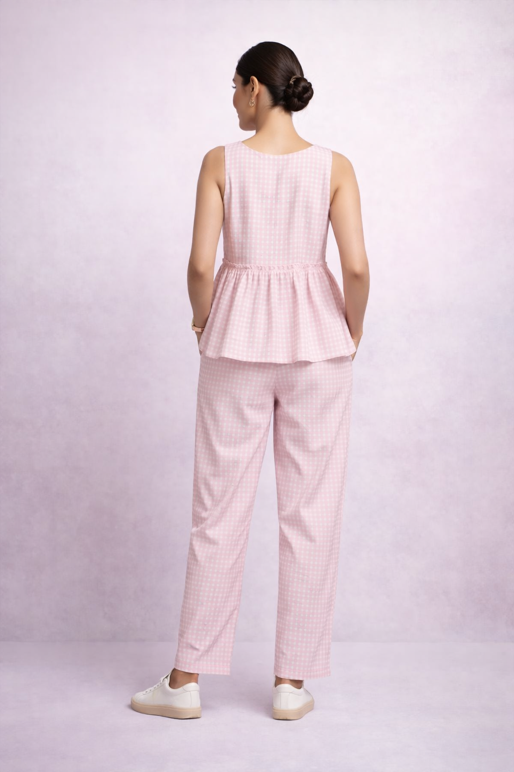 Back view of pink gingham peplum coord set for women