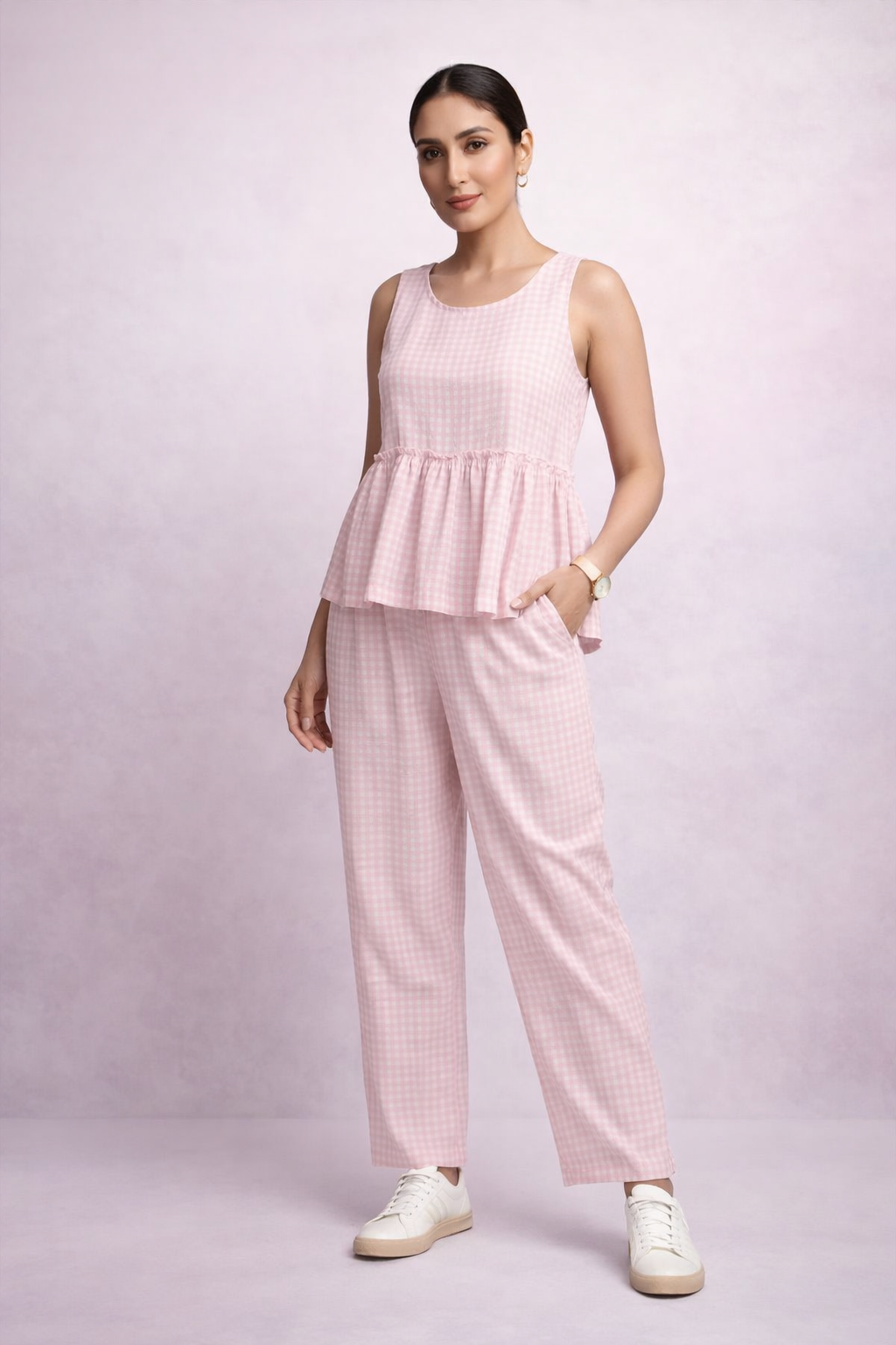 Pink gingham peplum coord set for women – summer casual outfit