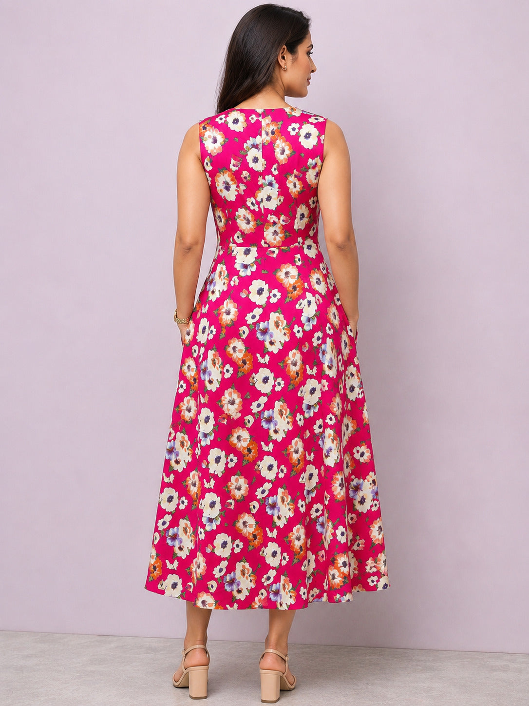Pink Floral Printed Sleeveless Rayon Midi Dress for Women – Stylish Summer Wear