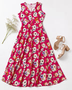 Pink Floral Printed Sleeveless Rayon Midi Dress for Women – Stylish Summer Wear