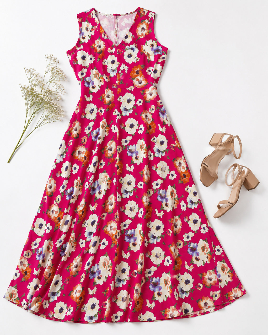 Pink Floral Printed Sleeveless Rayon Midi Dress for Women – Stylish Summer Wear