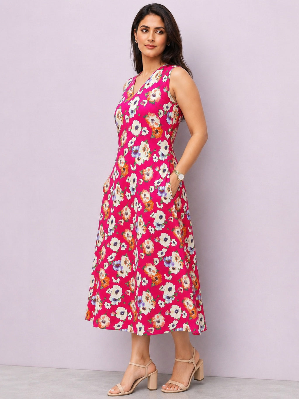 Pink Floral Printed Sleeveless Rayon Midi Dress for Women – Stylish Summer Wear